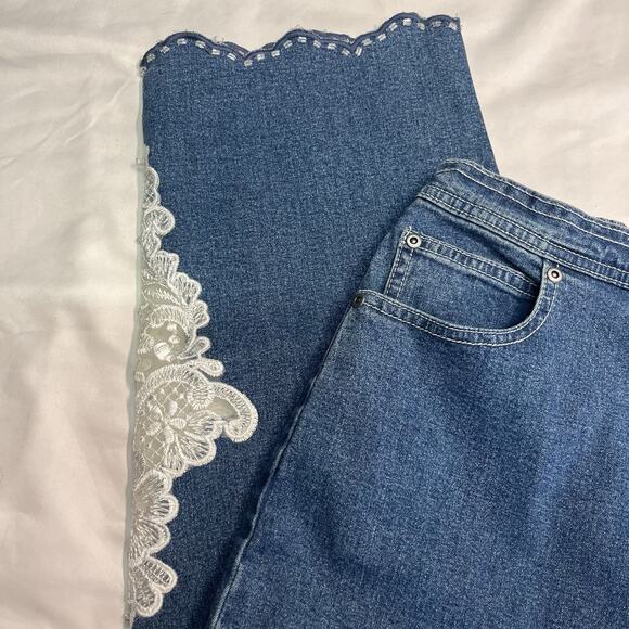 Quacker Factory Medium Denim Capris With Lace Cutouts And Beading Trim - Picture 4 of 11
